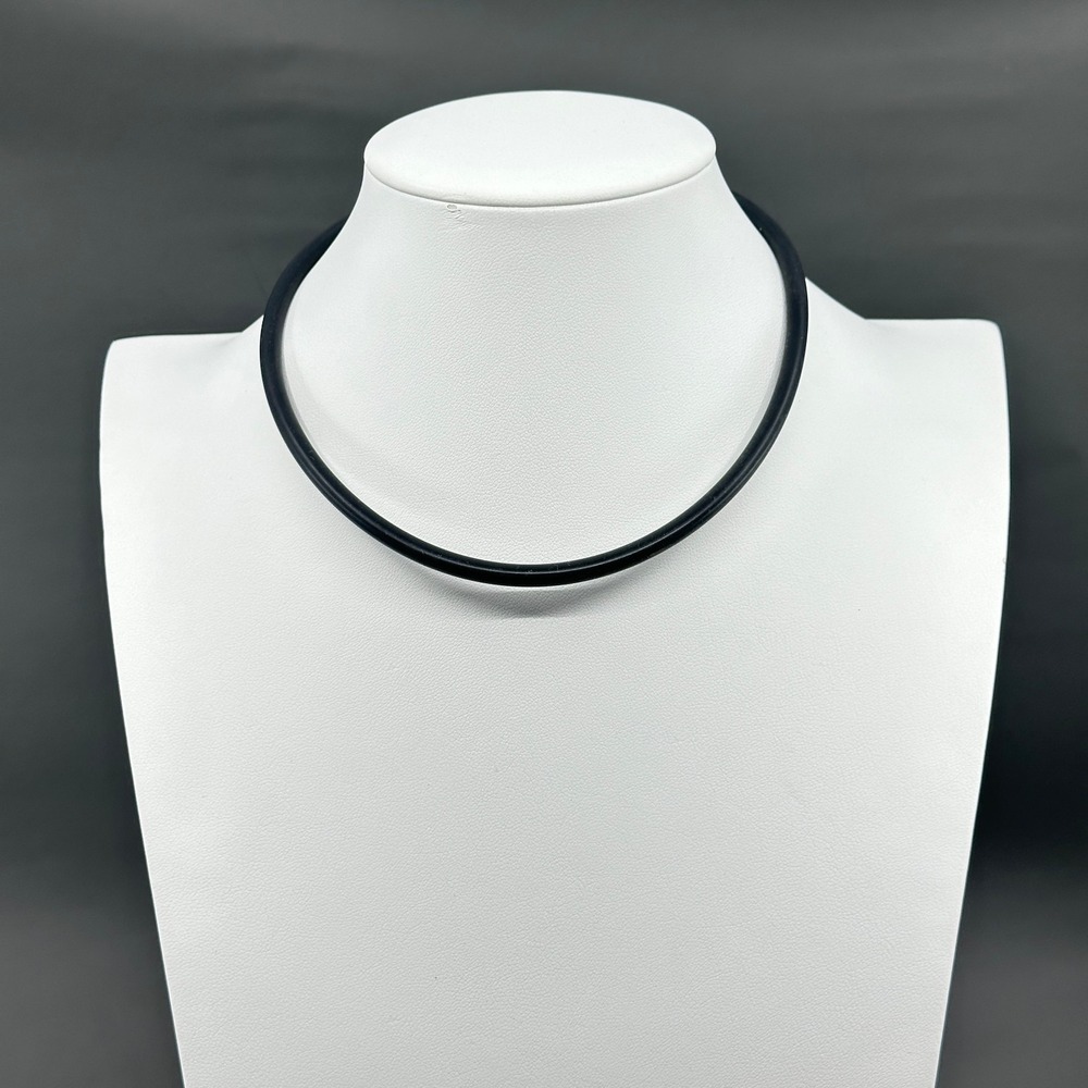 Black Rubber Cord Choker Necklace Silver Tone Decorative Clasp Gothic Minimalist